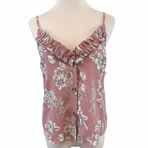 Boho mauve floral ruffle button down tank S